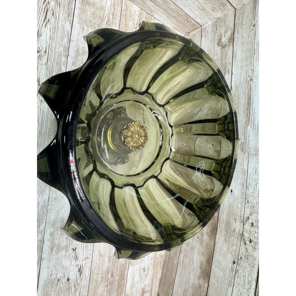 VTG 1970s Avocado Glass Candy Dish Lid Metal Pedestal Rare Hollywood Regency